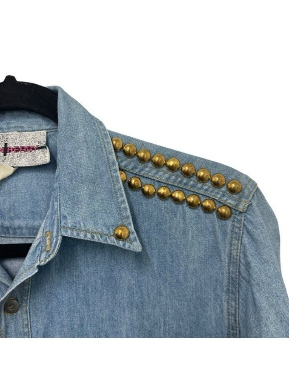 Vintage Robin Berry Denim Western Shirt S Studded Fringe Tassel Boho Festival - Picture 4 of 7